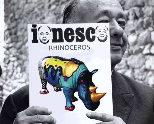 photographie sous plexis couverture du livre rhinoceros de ionesco 30x30cm