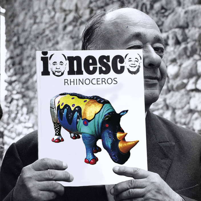 photographie sous plexis couverture du livre rhinoceros de ionesco 30x30cm