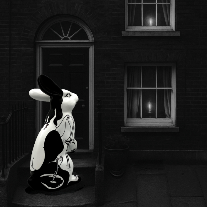 Sculpture de lapin Jean de Daphné Dejay devant la porte maison dans la nuit