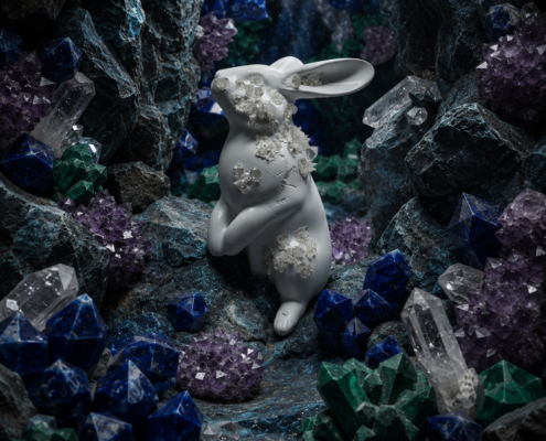 Sculpture de lapin Jean de Daphné Dejay dans une grotte