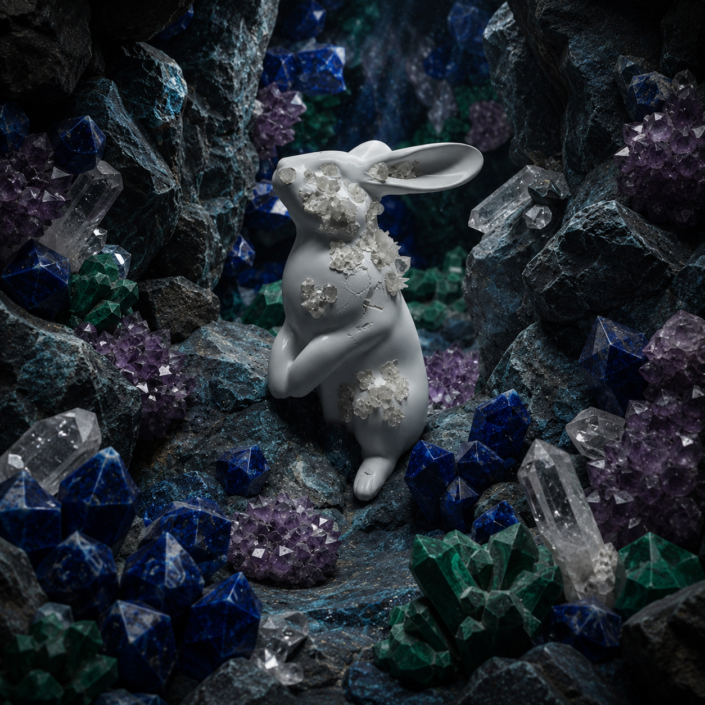 Sculpture de lapin Jean de Daphné Dejay dans une grotte