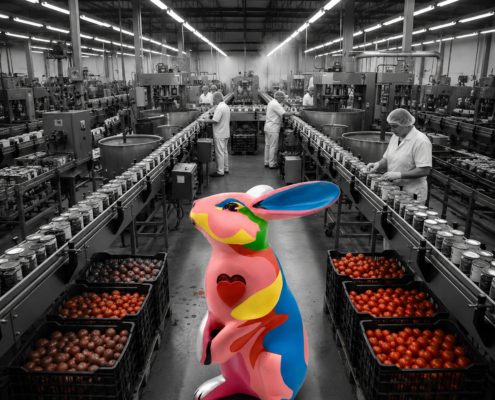 Sculpture de lapin Jean de Daphné Dejay dans une usine de tomates