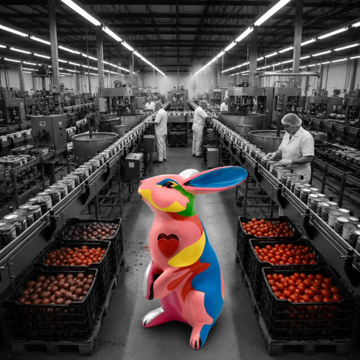 Sculpture de lapin Jean de Daphné Dejay dans une usine de tomates